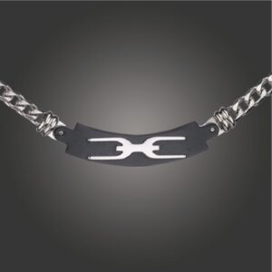 Close up black metal cortex necklace plate