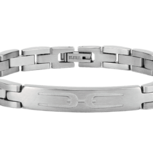 A Genesis Minor stainless steel link bracelet with a clasp and an engraved logo.