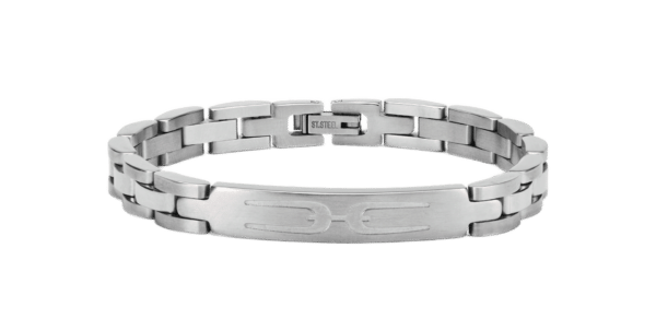 A Genesis Minor stainless steel link bracelet with a clasp and an engraved logo.