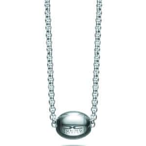 A silver necklace with an oval pendant.