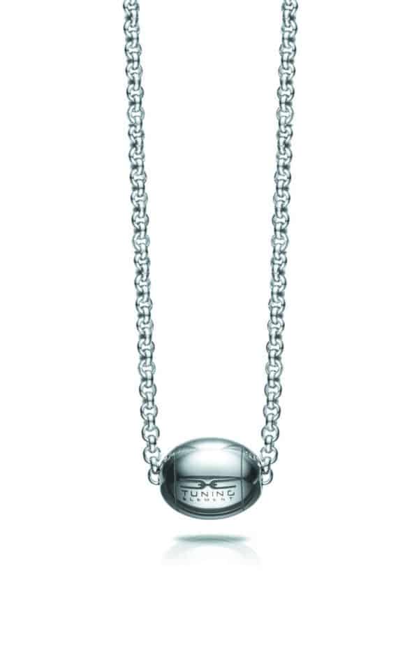 A silver necklace with an oval pendant.