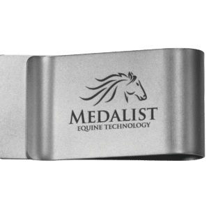 Silver metal business card holder with engraved horse logo and the text "Medalist Equine Technology" on a green background with a Pet Clip.