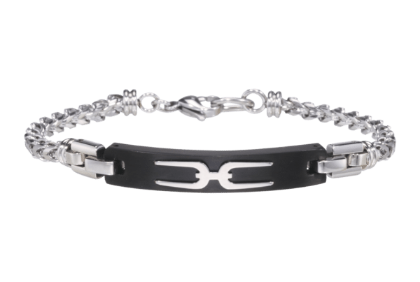 Ante Black Bracelet with a central black plate featuring a white logo, against an ante green background.