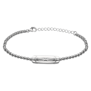 Silver Armonia bracelet with a rectangular clasp, isolated on a green background.