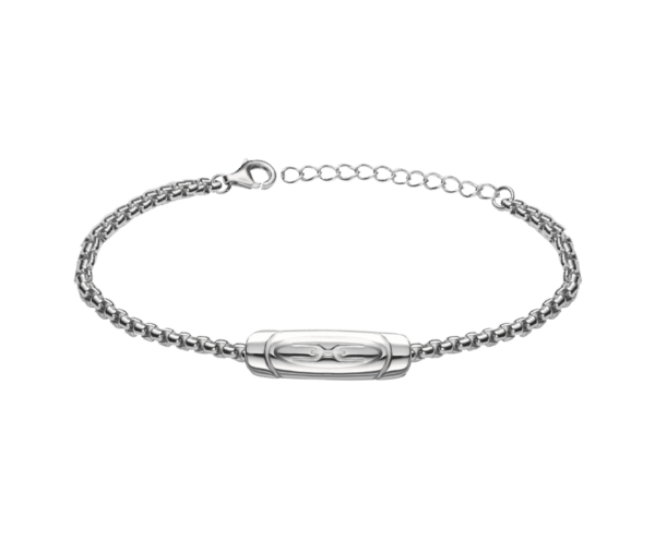 Silver Armonia bracelet with a rectangular clasp, isolated on a green background.