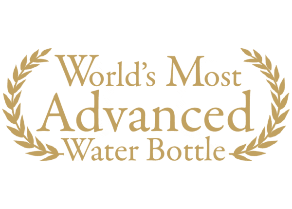 Sentence with product name: Aqua Tune Level 3 Water Bottle encircled by wheat laurels on a dark green background.